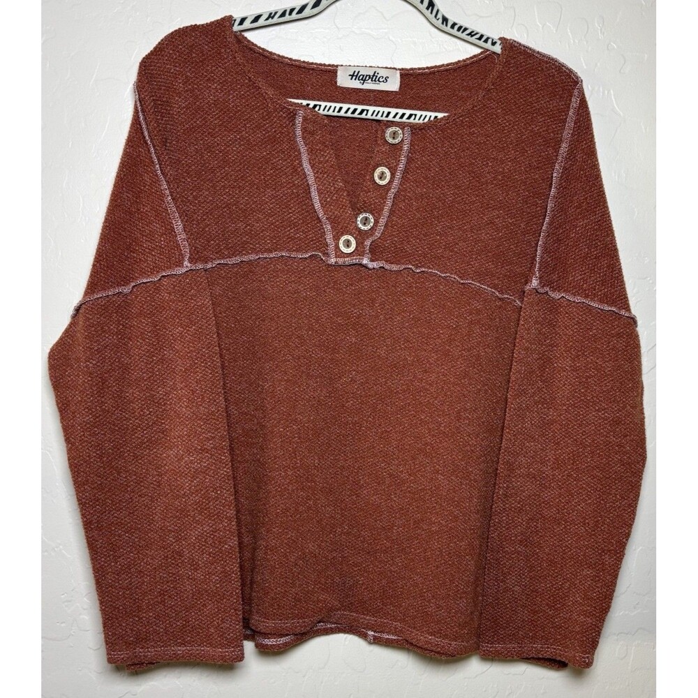 Haptics by Holly Harper Rust Textured Knit Henley Top Boho Contrast Seam L
